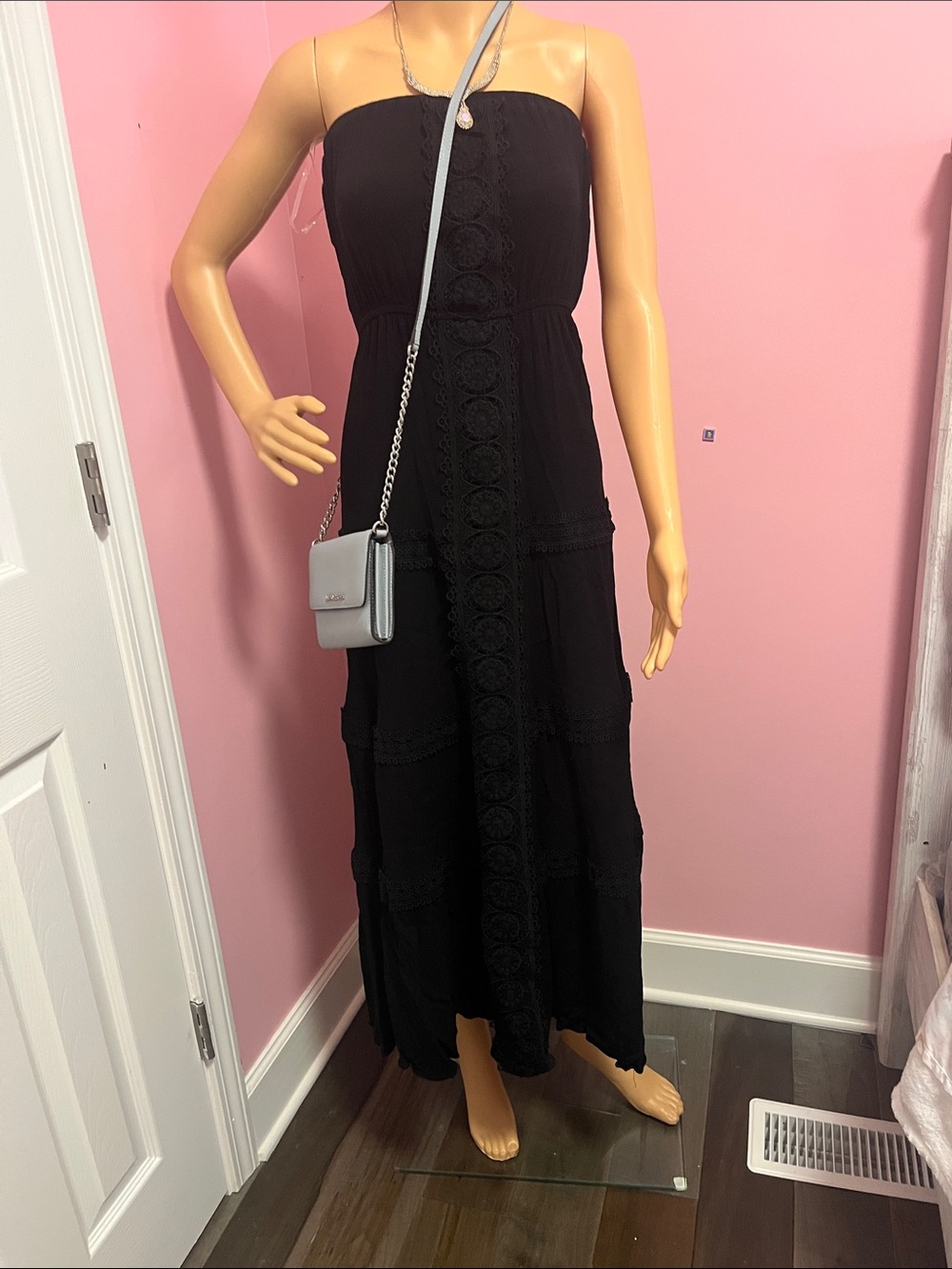 Justify Black Strapless Crochet-Trim Maxi Dress